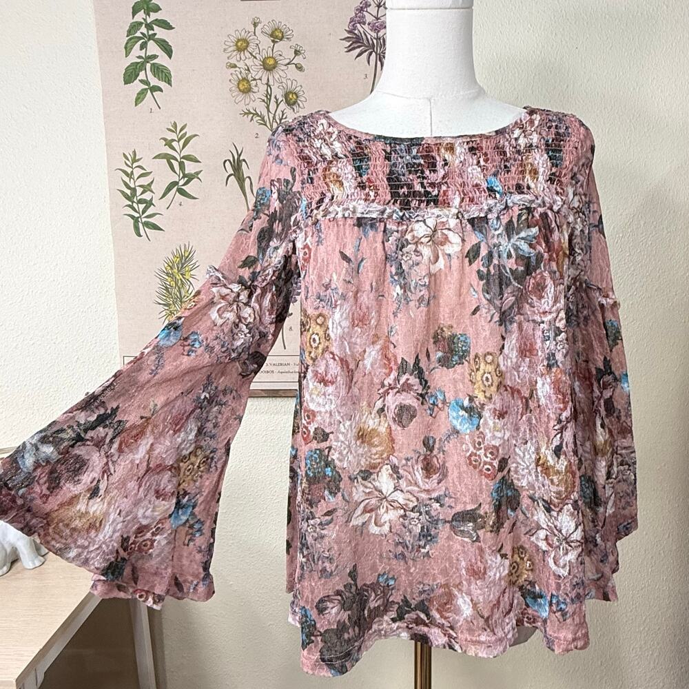 Sheer Floral Mesh 3/4 Flare Sleeve Smocked Top Fairy Grunge Shabby Chic Boho XS